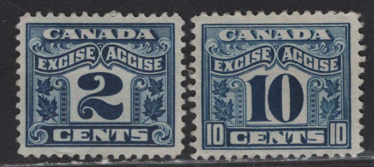 Lot 171 Canada Van Dam#FC36, FX42 2c - 10c Blue Numeral, 1915-1928 Two Leaf Excise Tax Issue, 2 Very Fine Unused Singles