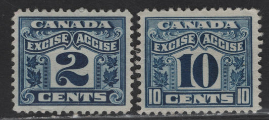 Lot 171 Canada Van Dam#FC36, FX42 2c - 10c Blue Numeral, 1915-1928 Two Leaf Excise Tax Issue, 2 Very Fine Unused Singles
