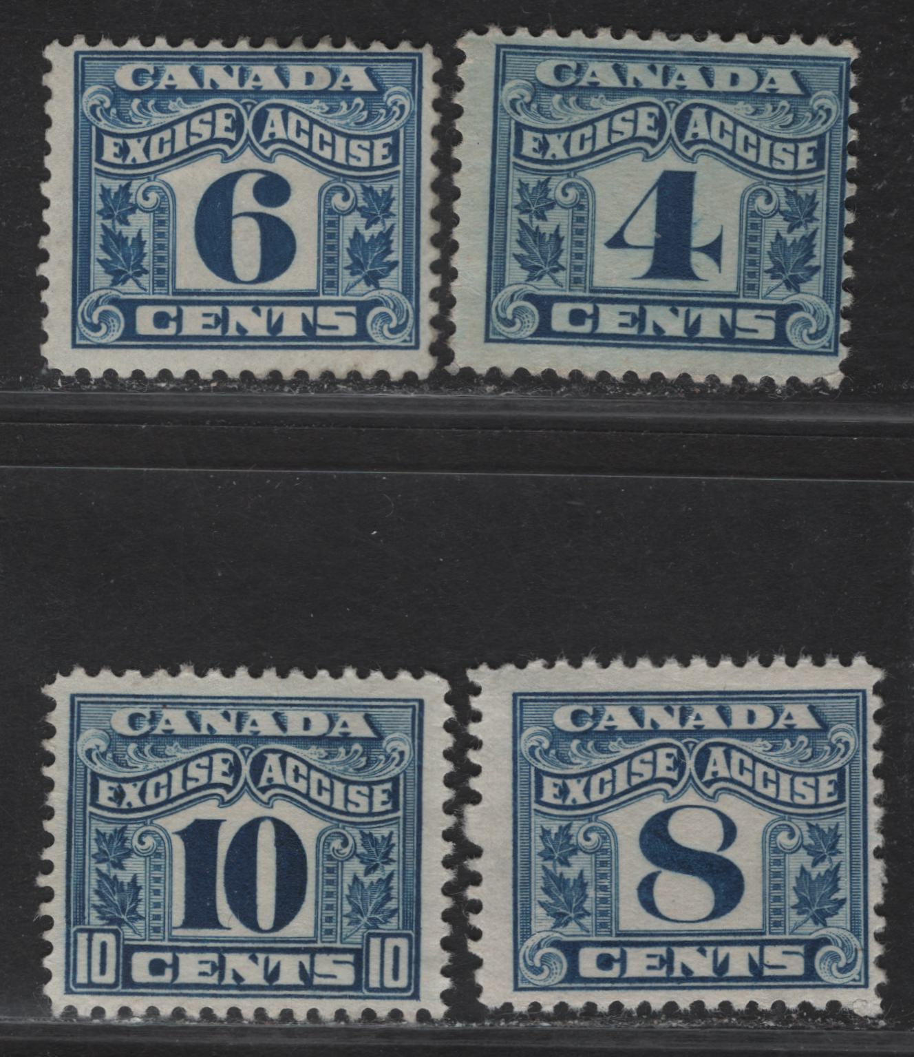 Lot 172 Canada Van Dam#FX39-FX42 4c - 10c Blue Numeral, 1915-1928 Two Leaf Excise Tax Issue, 4 Fine Used Singles, 6c Wet Printing, Rest Dry