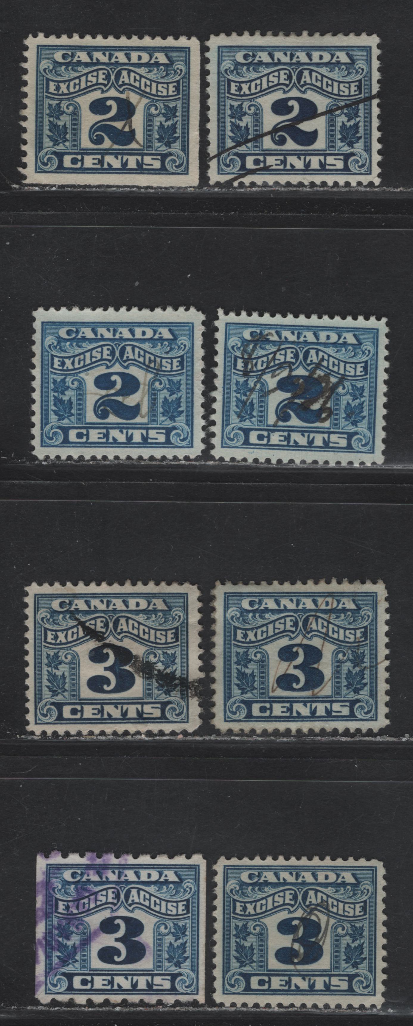 Lot 173 Canada Van Dam#FX36, FX38, FX47 2c - 3c Blue Numeral, 1915-1928 Two Leaf Excise Tax Issue, 8 Very Fine Used Singles