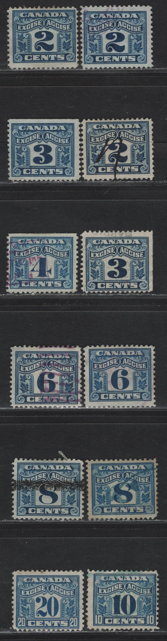 Lot 175 Canada Van Dam#FX36,FX38-FX43 2c - 20c Blue Numeral, 1915-1928 Two Leaf Excise Tax Issue, 12 VFOG Singles, Wet & Dry Printings