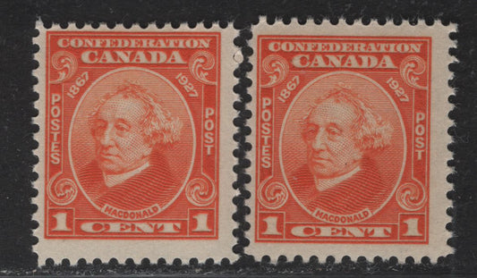 Canada #141 1c Orange Sir John A Macdonald, 1927 60th Anniv of Confederation Issue, 2 FNH Singles, Papers ABN-DDD & ABN-XXX