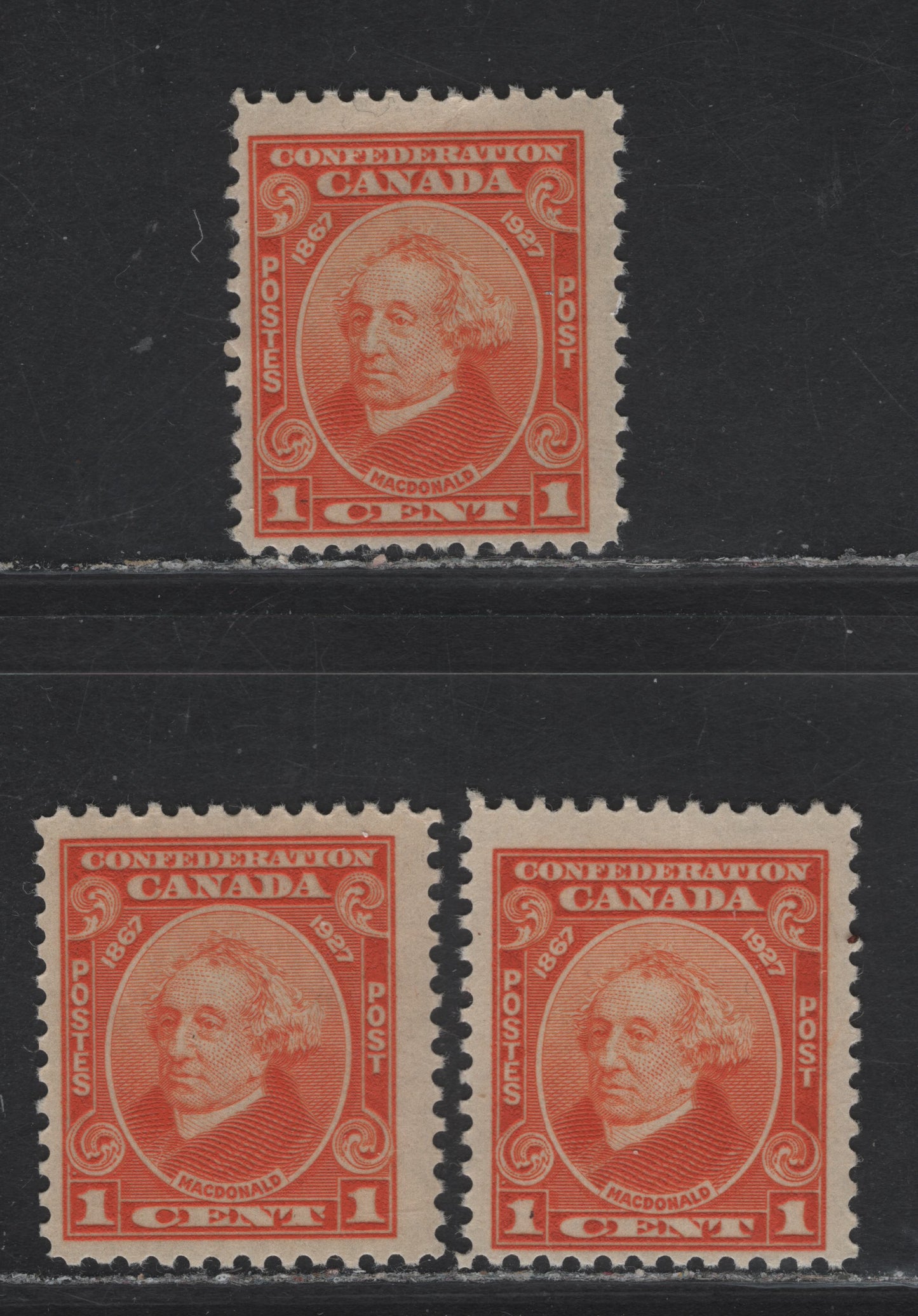 Lot 180 Canada #141 1c Dull Orange - Paler Dull Orange Sir John A Macdonald, 1927 60th Anniv of Confederation Issue, 3 VFOG Singles, Papers ABN-CCC, ABN-XXX & ABN-BBBB (Paler Dull Orange)