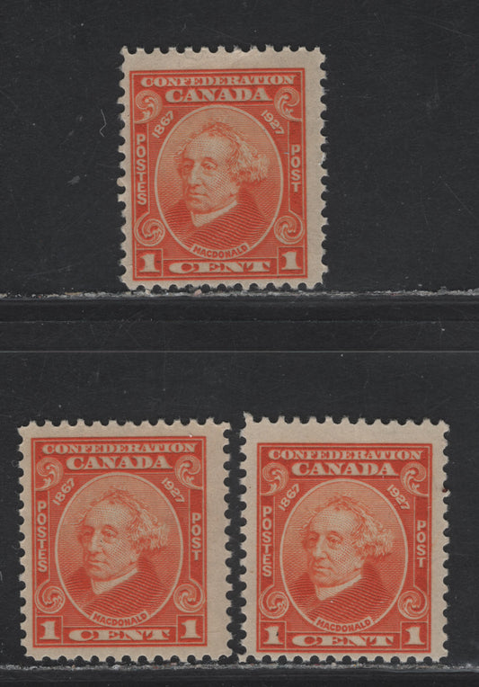 Lot 180 Canada #141 1c Dull Orange - Paler Dull Orange Sir John A Macdonald, 1927 60th Anniv of Confederation Issue, 3 VFOG Singles, Papers ABN-CCC, ABN-XXX & ABN-BBBB (Paler Dull Orange)