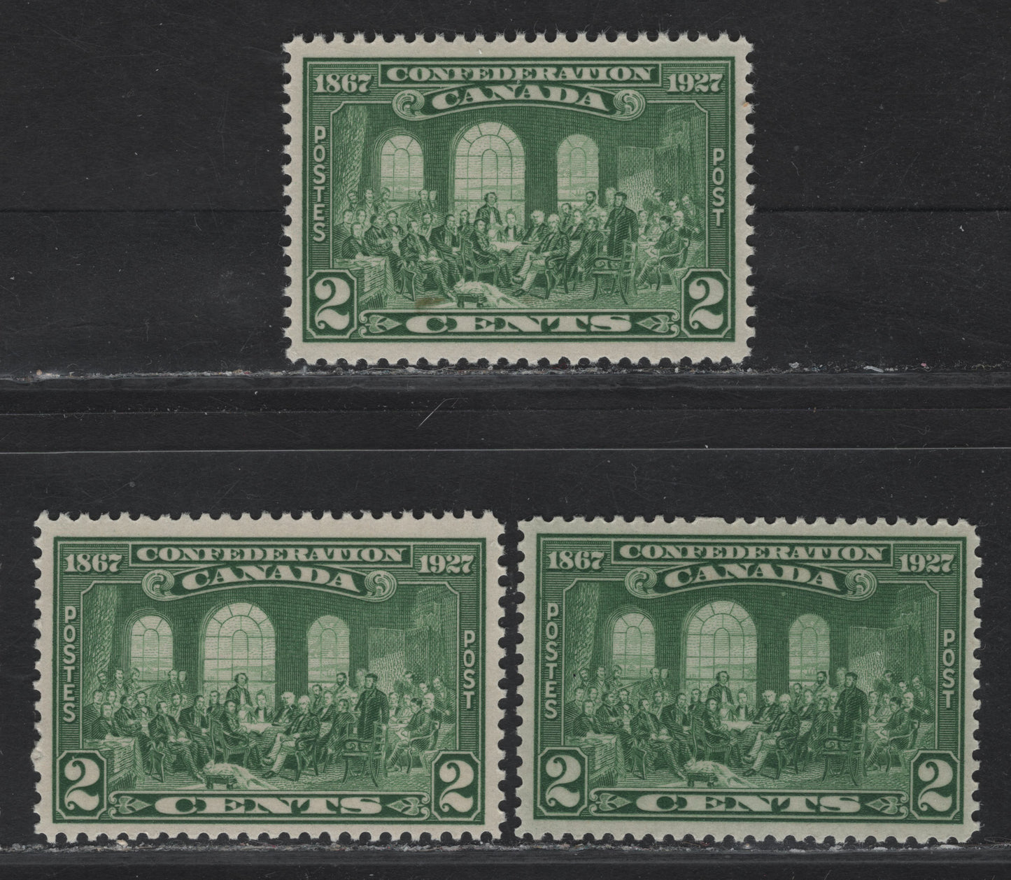 Lot 185 (C) Canada #142 2c Green & Bright Green Fathers of Confederation, 1927 60th Anniv of Confederation Issue, 2 VFNH Singles, Papers ABN-XXX & ABN-M