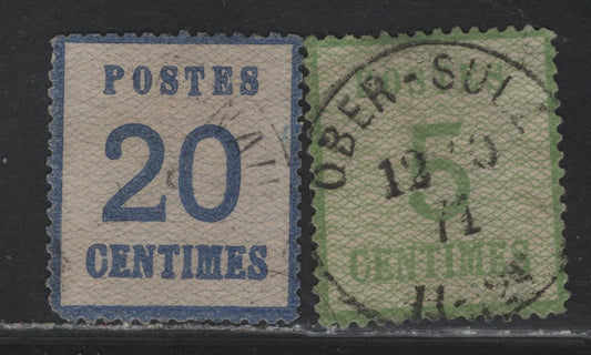 Lot 19 France #N4, N6 5c - 10c Yellow Green - Ultramarine Numerals, 1870 Numerals Issue, 2 Fine/Very Fine Used Singles, Network Points Up