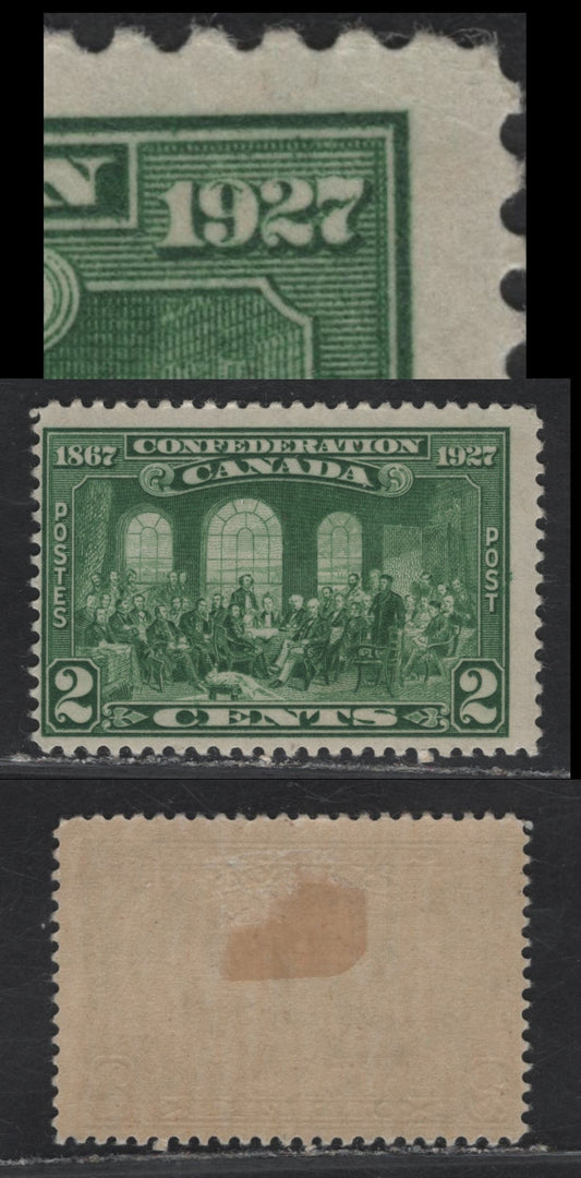 Lot 191 Canada #142var 2c Deep Bright Green Fathers of Confederation, 1927 60th Anniv of Confederation Issue, A FOG Single, Paper ABN-YYY, Showing Unlisted Curved Line In The Top Of The 9 of 1927, Unlisted But Likely Constant.