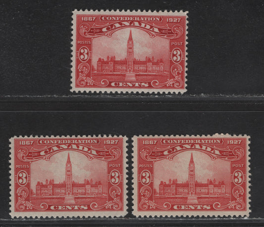 Lot 193 (C) Canada #143 3c Bright Carmine Red - Light Carmine Red Parliament Buildings, 1927 60th Anniv of Confederation Issue, 3 FNH Singles, Papers ABN-CCCC, ABN-I & ABN-M