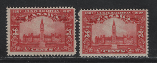 Lot 195 Canada #143 3c Carmine Red Parliament Buildings, 1927 60th Anniv of Confederation Issue, 2 FOG Singles, Papers ABN-BBBB & ABN-M