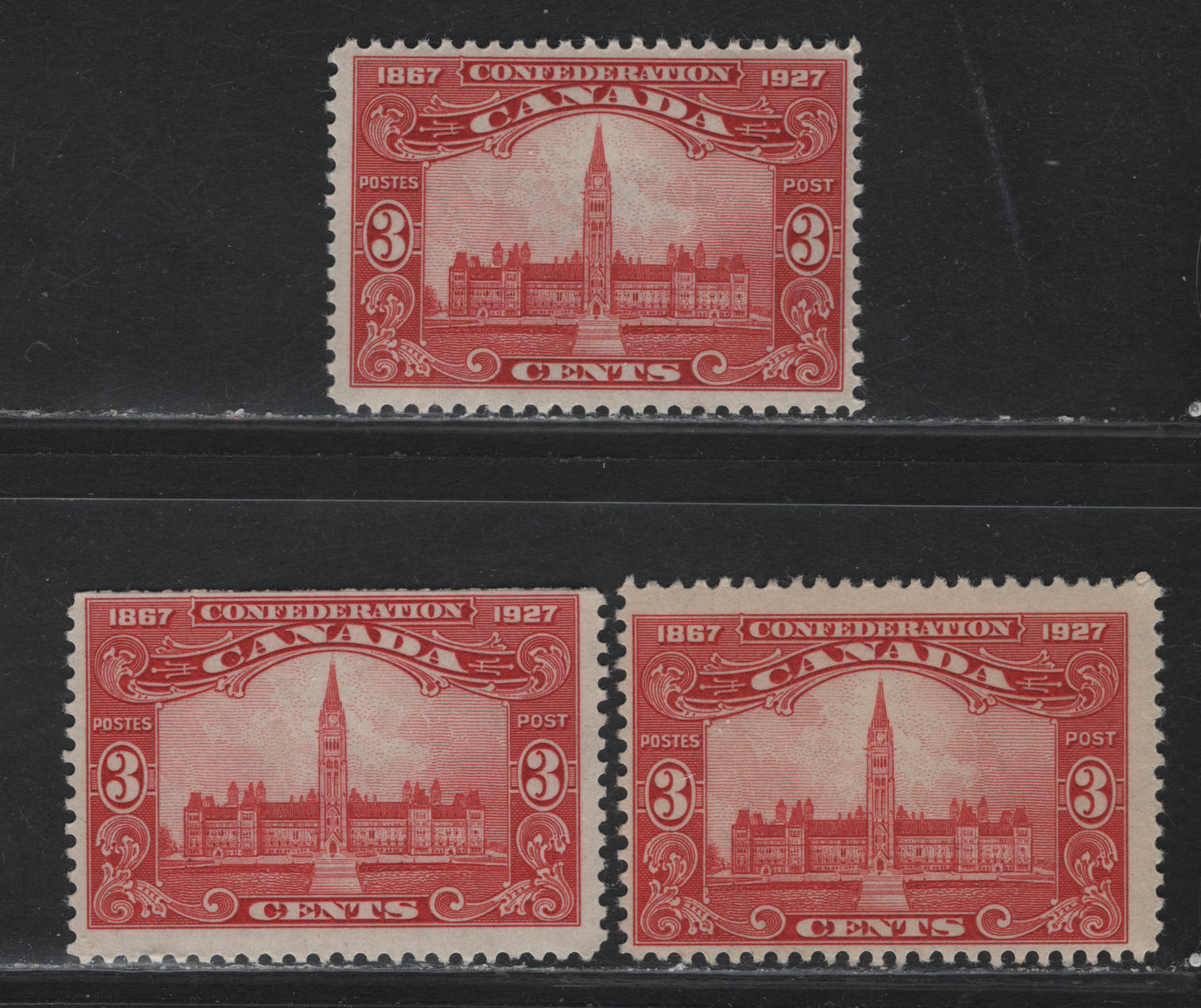Lot 196 Canada #143 3c Carmine Red - Bright Carmine Red Parliament Buildings, 1927 60th Anniv of Confederation Issue, 3 FOG Singles, Papers ABN-BBBB, ABN-FFFF & ABN-XXX (Natural Straight Edge On Top)