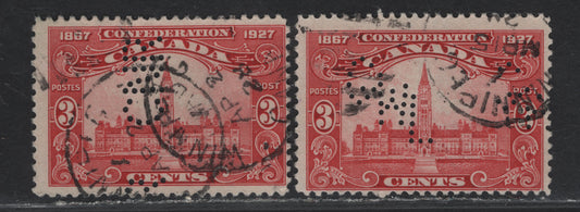 Lot 198 Canada #143 3c Carmine Red Parliament Buildings, 1927 60th Anniv of Confederation Issue, 2 Very Good/Fine Used Singles, Paper ABN-M, Winnipeg CNR Perfin, Pos. 2 & Great West Life Assurance Co Perfin Pos 1