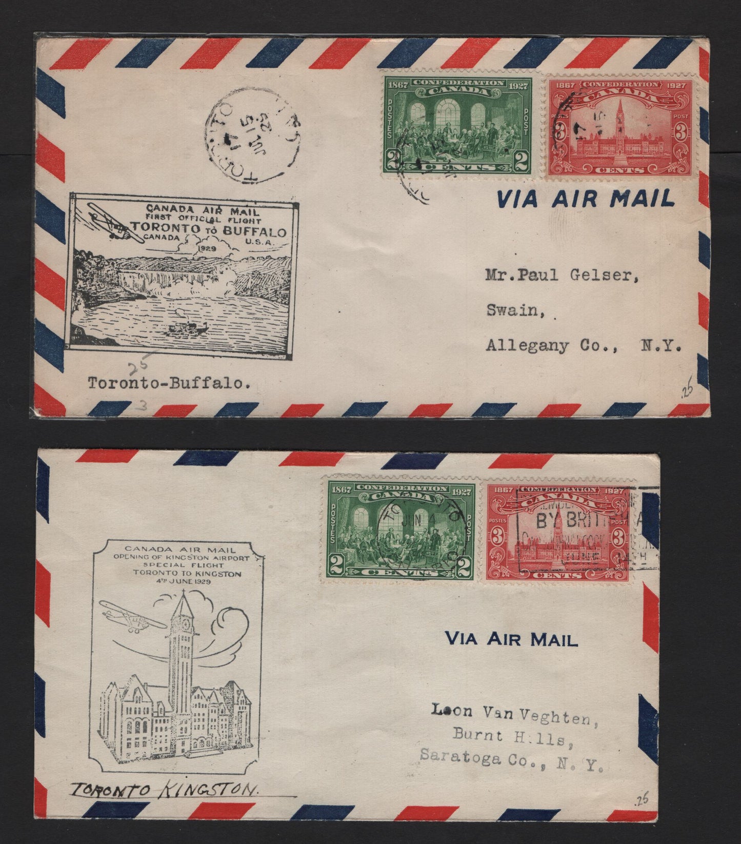 Lot 199 (C) Canada #142-143 2c - 3c Green - Carmine Red Fathers of Confederation - Parliament Building, 1927 60th Anniv of Confederation Issue, 2 Very Fine Used Covers, Two First Flight Covers, June 4th 1929 & July 15 1929