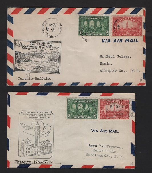 Lot 199 (C) Canada #142-143 2c - 3c Green - Carmine Red Fathers of Confederation - Parliament Building, 1927 60th Anniv of Confederation Issue, 2 Very Fine Used Covers, Two First Flight Covers, June 4th 1929 & July 15 1929