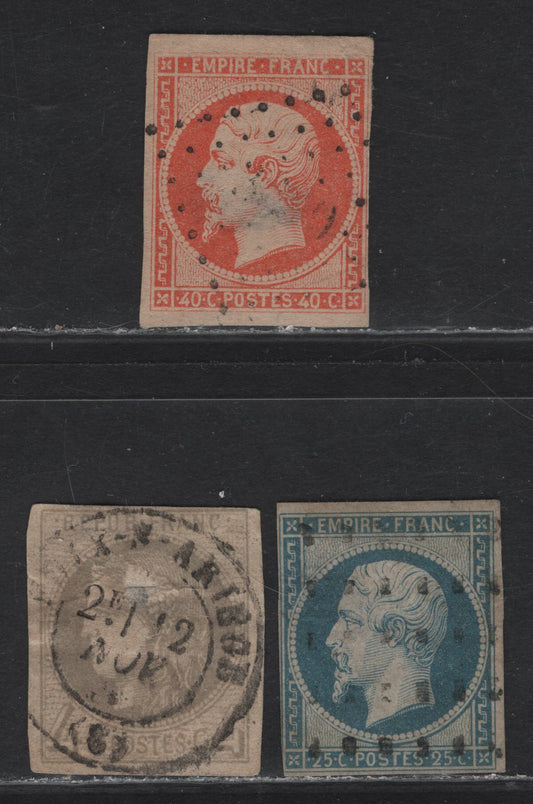 Lot 2 France #17-18, 40 25c - 4c Blue on Bluish - Gray Napoleon III - Bordeaux, 1853-1871 Imperf Napoleon III & Bordeaux Issues, 3 Ungraded Used Imperf Singles, Presentable Examples But All Worth Significant Thins