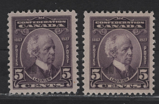 (C) Canada #144 5c Milky Violet Sir Wilfrid Laurier, 1927 60th Anniv of Confederation Issue, 2 VFNH Singles, Papers ABN-CCCC & ABN-DDDD
