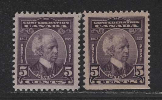 Lot 203 Canada #144 5c Milky Violet - Dull Violet Sir Wilfrid Laurier, 1927 60th Anniv of Confederation Issue, 2 VFOG Singles, Papers ABN-YYY & ABN-XXX