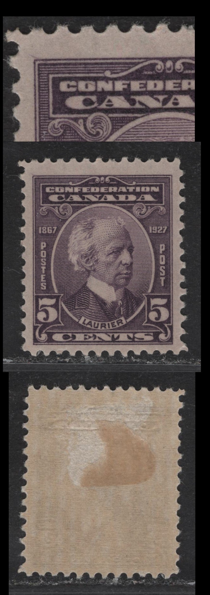 Lot 204 Canada #144 5c Milky Violet Sir Wilfrid Laurier, 1927 60th Anniv of Confederation Issue, A VFOG Single, Paper ABN-DDDD, Showing Diagonal Slash Though O of Confederation & First A of Canada