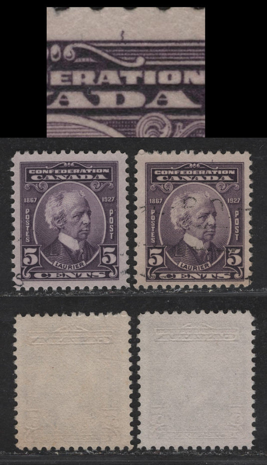 Lot 205 Canada #144 5c Milky Violet - Deep Milky Violet Sir Wilfrid Laurier, 1927 60th Anniv of Confederation Issue, 2 Fine/Very Fine Used Singles, Papers ABN-XXX & ABN-M, Showing Constant Squiggly Line From Top Frameline Above T of Confederation