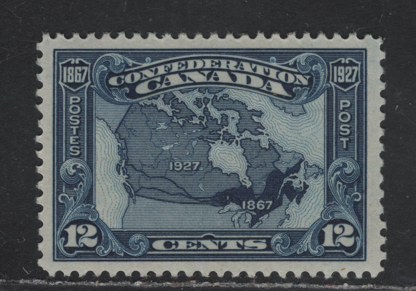Canada #145 12c Dark Blue Map of Canada, 1927 60th Anniv of Confederation Issue, A VFJOG Single, Paper ABN-G, Jumbo Margins