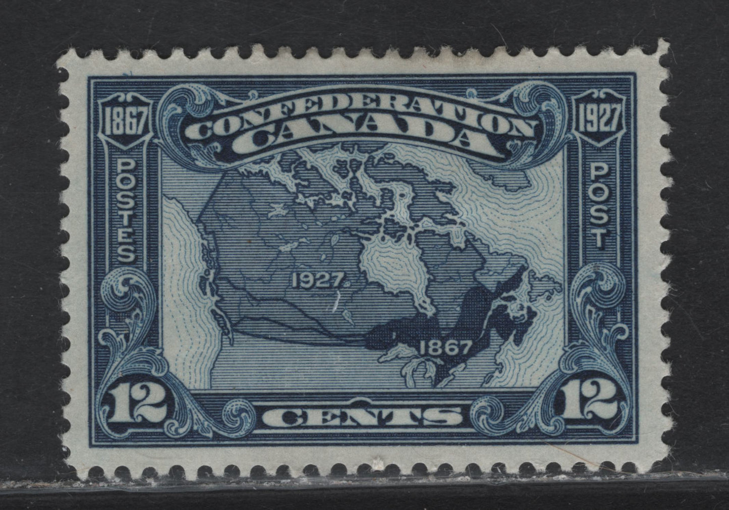 Lot 208 Canada #145 12c Dark Bright Blue Map of Canada, 1927 60th Anniv of Confederation Issue, A VFJOG Single, Paper ABN-YYY, Jumbo Margins