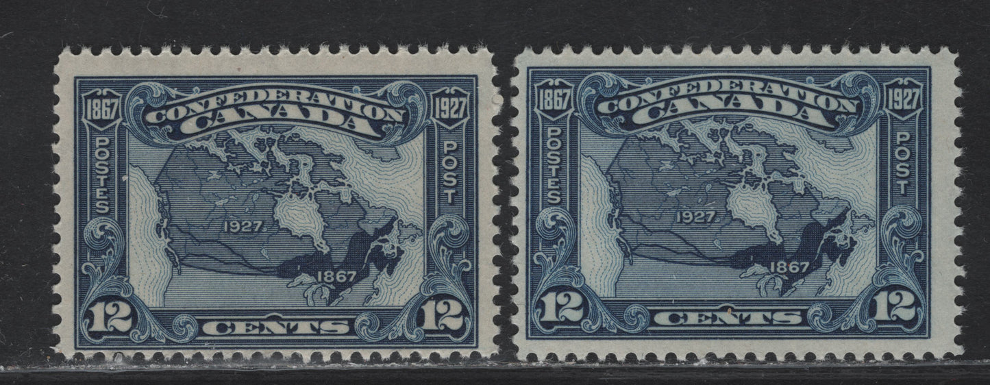 Lot 209 Canada #145 12c Dark Blue & Dark Bright Blue Map of Canada, 1927 60th Anniv of Confederation Issue, 2 FNH Singles, Papers ABN-CCCC & ABN-XXX