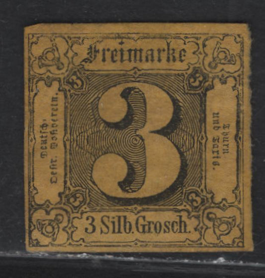 Lot 21 Germany - Thurn & Taxis #7 3sgr Black On Brownish Yellow Numeral, 1852-1858 Numeral Issue, An Extremely Fine Unused Single, Jumbo Margins On 3 sides to Full Margins At LL