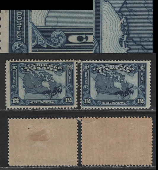 Lot 211 Canada #145var 12c Dark Blue Map of Canada, 1927 60th Anniv of Confederation Issue, 2 VG/FOG Singles, Paper ABN-CCCC, Showing Two Potentially Constant Plate Flaws