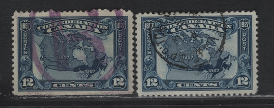 (C) Canada #145 12c Dark Blue - Dark Bright Blue Map of Canada, 1927 60th Anniv of Confederation Issue, 2 Very Fine Used Singles, Opaque Vertical Wove Without Visible Mesh