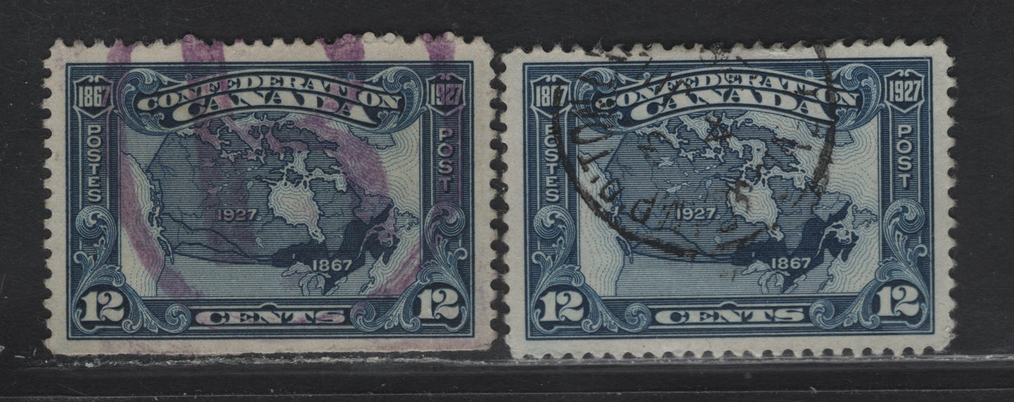 Lot 212 (C) Canada #145 12c Dark Blue - Dark Bright Blue Map of Canada, 1927 60th Anniv of Confederation Issue, 2 Very Fine Used Singles, Opaque Vertical Wove Without Visible Mesh