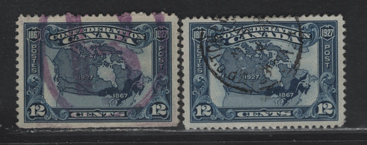 Lot 212 (C) Canada #145 12c Dark Blue - Dark Bright Blue Map of Canada, 1927 60th Anniv of Confederation Issue, 2 Very Fine Used Singles, Opaque Vertical Wove Without Visible Mesh