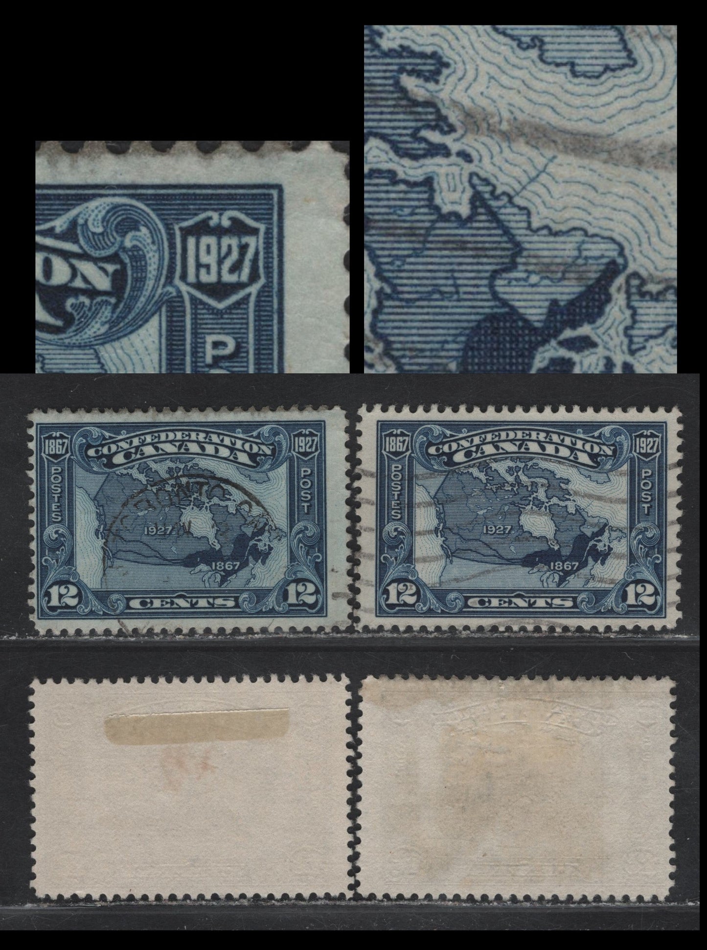 Lot 213 Canada #145var 12c Dark Bright Blue Map of Canada, 1927 60th Anniv of Confederation Issue, 2 Fine Used Singles, Opaque Paper Without Visible Mesh, Showing Two Potentially Constant Plate Varieties