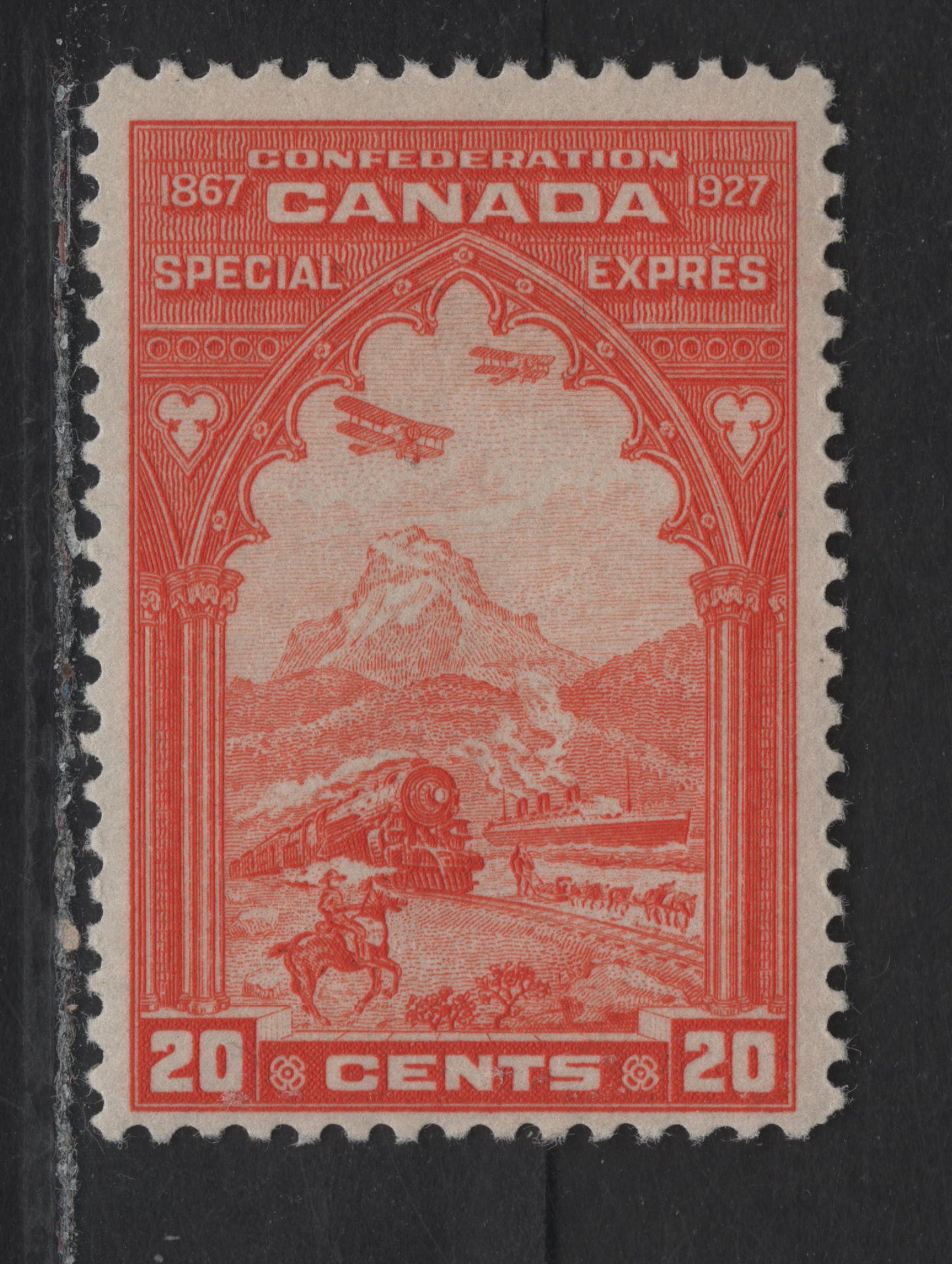 Lot 216 (C) Canada #E3 20c Red Orange Pictorial, 1927 Special Delivery Issue, A FOG Single, Paper ABN-HHHH