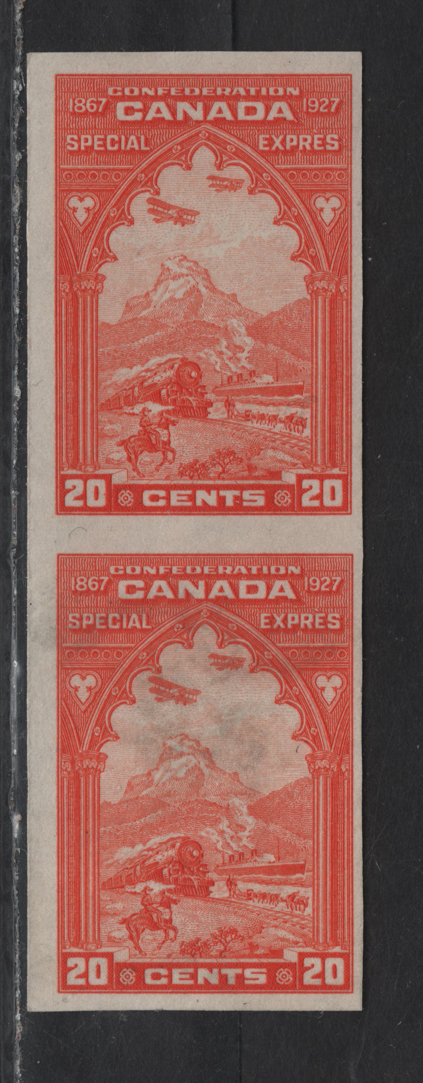 Lot 217 (C) Canada #E3a 20c Bright Red Orange Pictorial, 1927 Special Delivery Issue, A VFPOG Imperf Pair, Paper ABN-Q, Full Gum On top Stamp, Part Gum On Bottom Stamp & Gum Soak In The Middle, Only 250 Pairs Were Ever Printed, So It Is Quite Scarce.