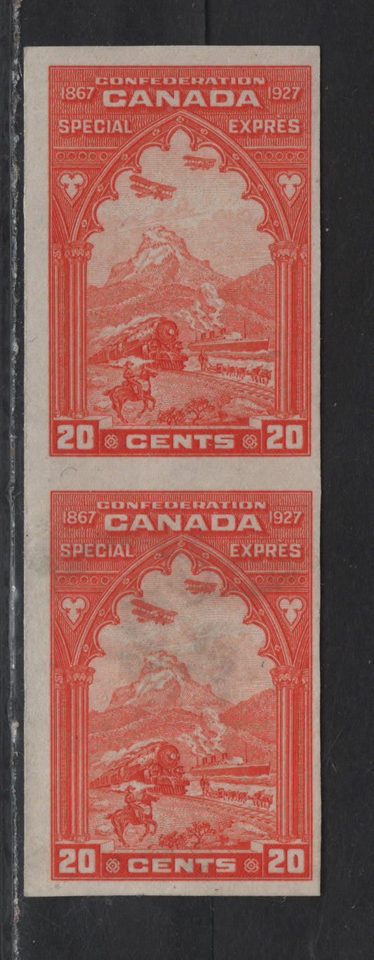Lot 217 (C) Canada #E3a 20c Bright Red Orange Pictorial, 1927 Special Delivery Issue, A VFPOG Imperf Pair, Paper ABN-Q, Full Gum On top Stamp, Part Gum On Bottom Stamp & Gum Soak In The Middle, Only 250 Pairs Were Ever Printed, So It Is Quite Scarce.