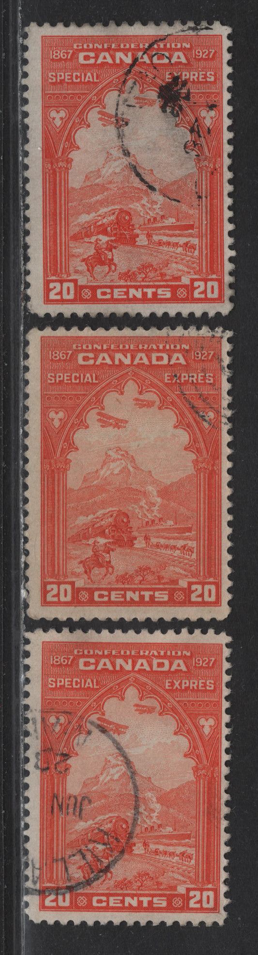 Lot 218 (C) Canada #E3 20c Red Orange - Dull Red Orange Pictorial, 1927 Special Delivery Issue, 3 Fine Used Singles, Papers ABN-Q & ABN-HHHH