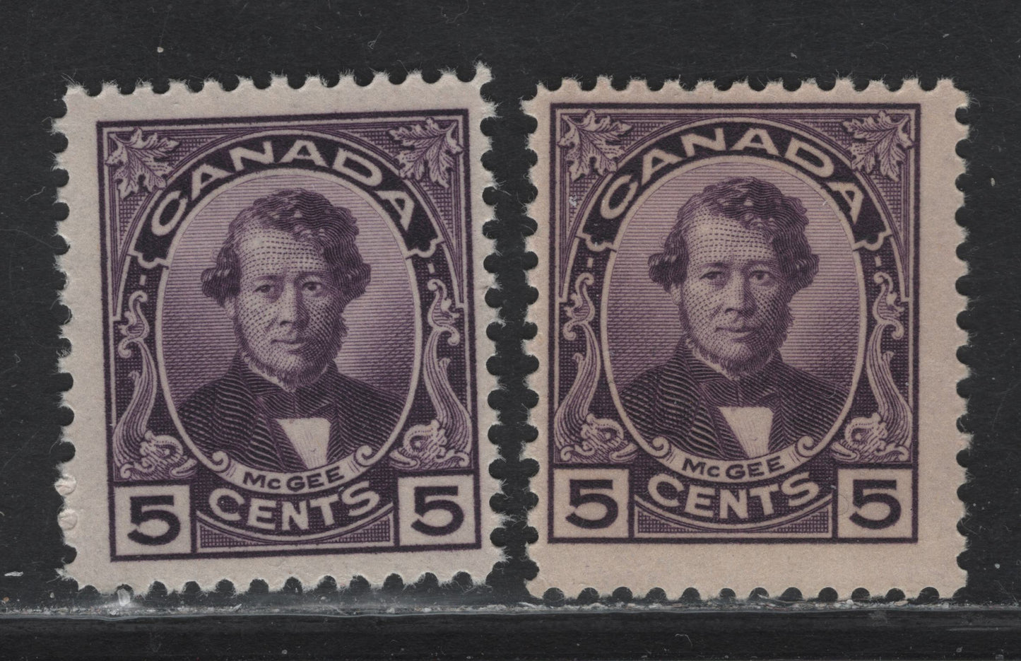 Lot 221 Canada #146 5c Dark Purple Thomas D'Arcy McGee, 1927 Historical Issue, 2 FNH Singles, Papers ABN-F & ABN-G