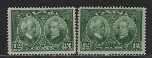 (C) Canada #147 12c Green & Deep Yellowish Green Laurier & Macdonald, 1927 Historical Issue, 2 FNH Singles, Paper ABN-M