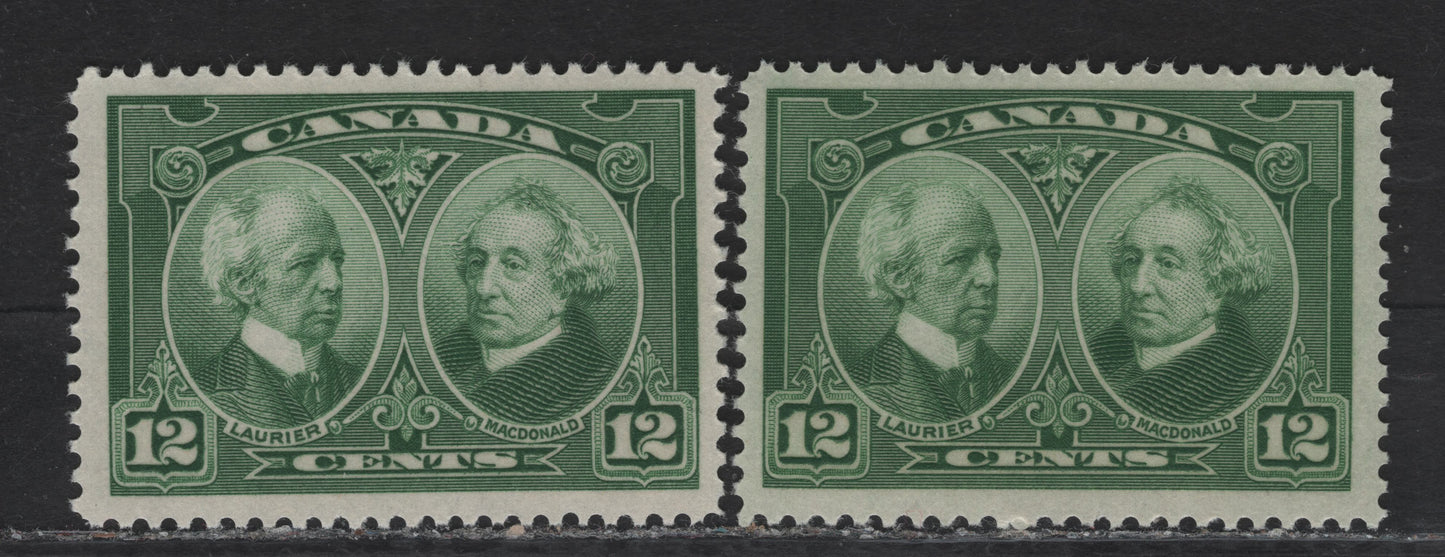 Lot 227 (C) Canada #147 12c Green & Deep Yellowish Green Laurier & Macdonald, 1927 Historical Issue, 2 FNH Singles, Paper ABN-M