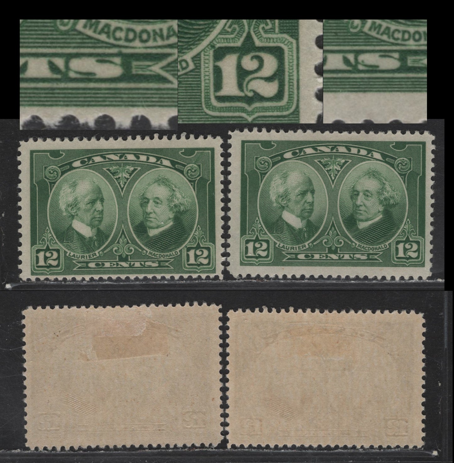 Lot 229 Canada #147var 12c Deep Yellow Green Laurier & Macdonald, 1927 Historical Issue, 2 FOG Singles, Paper ABN-M, Showing Burrs In Right Value Tablet & Above S of Cents, Second Example Showing Dot Inside S Of Cents.