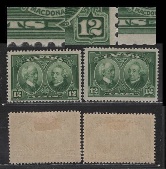 Lot 229 Canada #147var 12c Deep Yellow Green Laurier & Macdonald, 1927 Historical Issue, 2 FOG Singles, Paper ABN-M, Showing Burrs In Right Value Tablet & Above S of Cents, Second Example Showing Dot Inside S Of Cents.