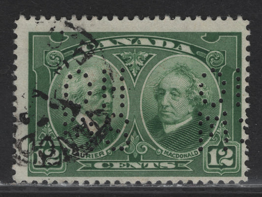 Lot 230 (C) Canada #O8-147 12c Green Laurier & Macdonald, 1927 Historical Issue, A Fine Used Single, Paper ABN-G, 5 Hole OHMS Perfin From Pos. 1, Cancellation Ink Extends Into The Holes of the O, So I Do Believe This Is Genuine.