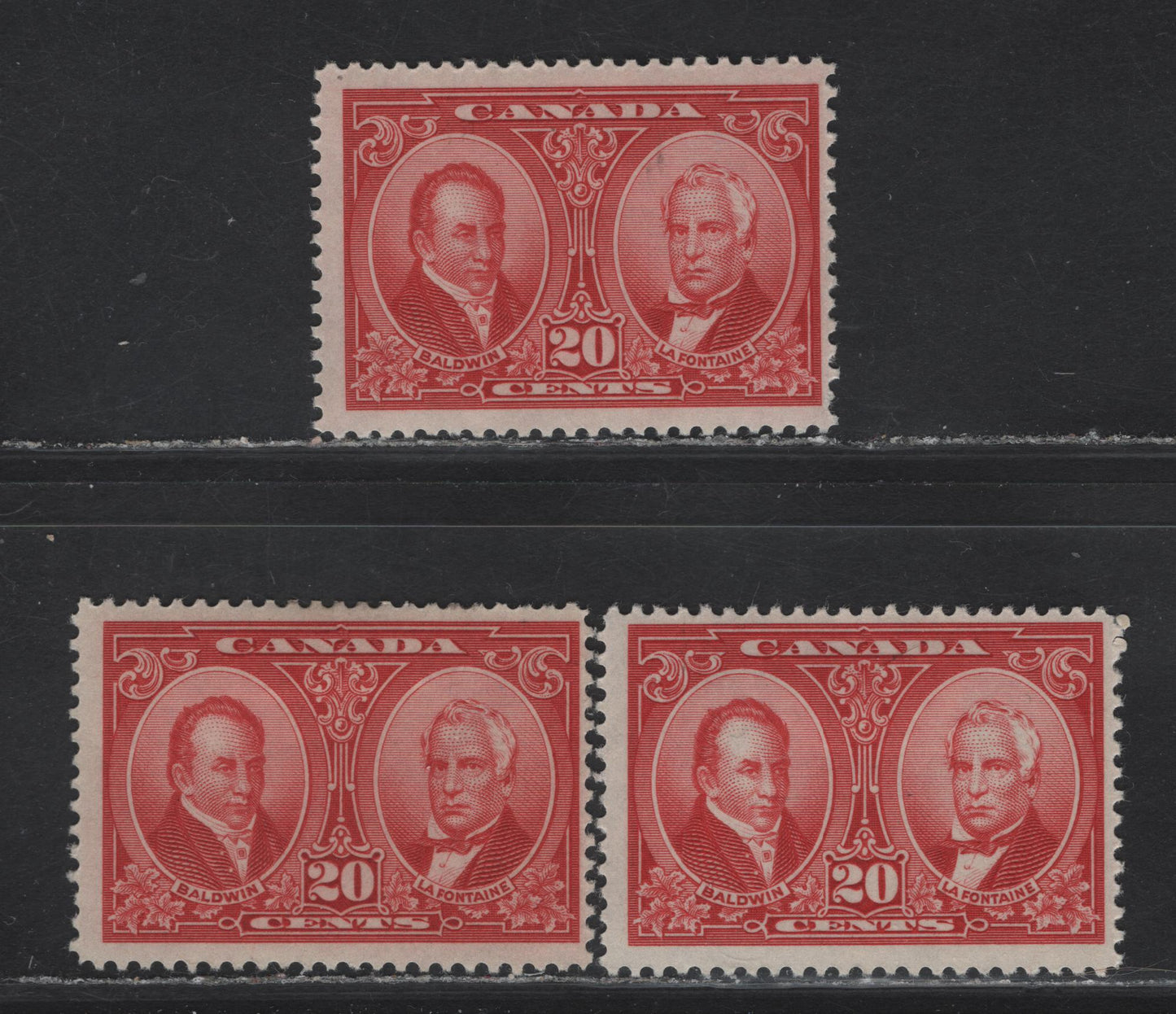 Lot 233 Canada #148 20c Carmine Red,bright Sarlet & Dull Carmine Red Baldwin & Lafontaine, 1927 Historical Issue, 3 FOG Singles, Papers ABN-CCC, ABN-M & ABN-XXX