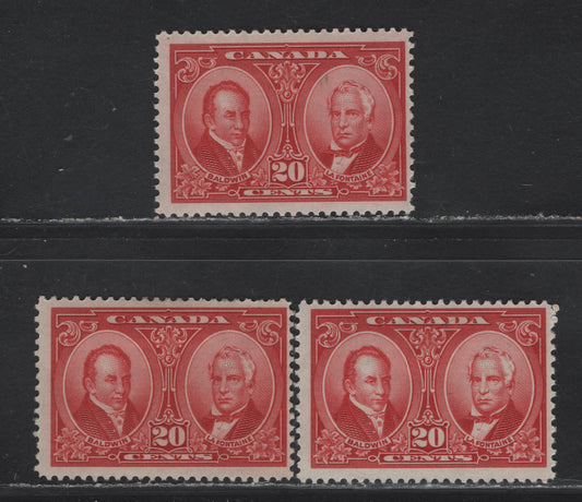 Lot 233 Canada #148 20c Carmine Red,bright Sarlet & Dull Carmine Red Baldwin & Lafontaine, 1927 Historical Issue, 3 FOG Singles, Papers ABN-CCC, ABN-M & ABN-XXX