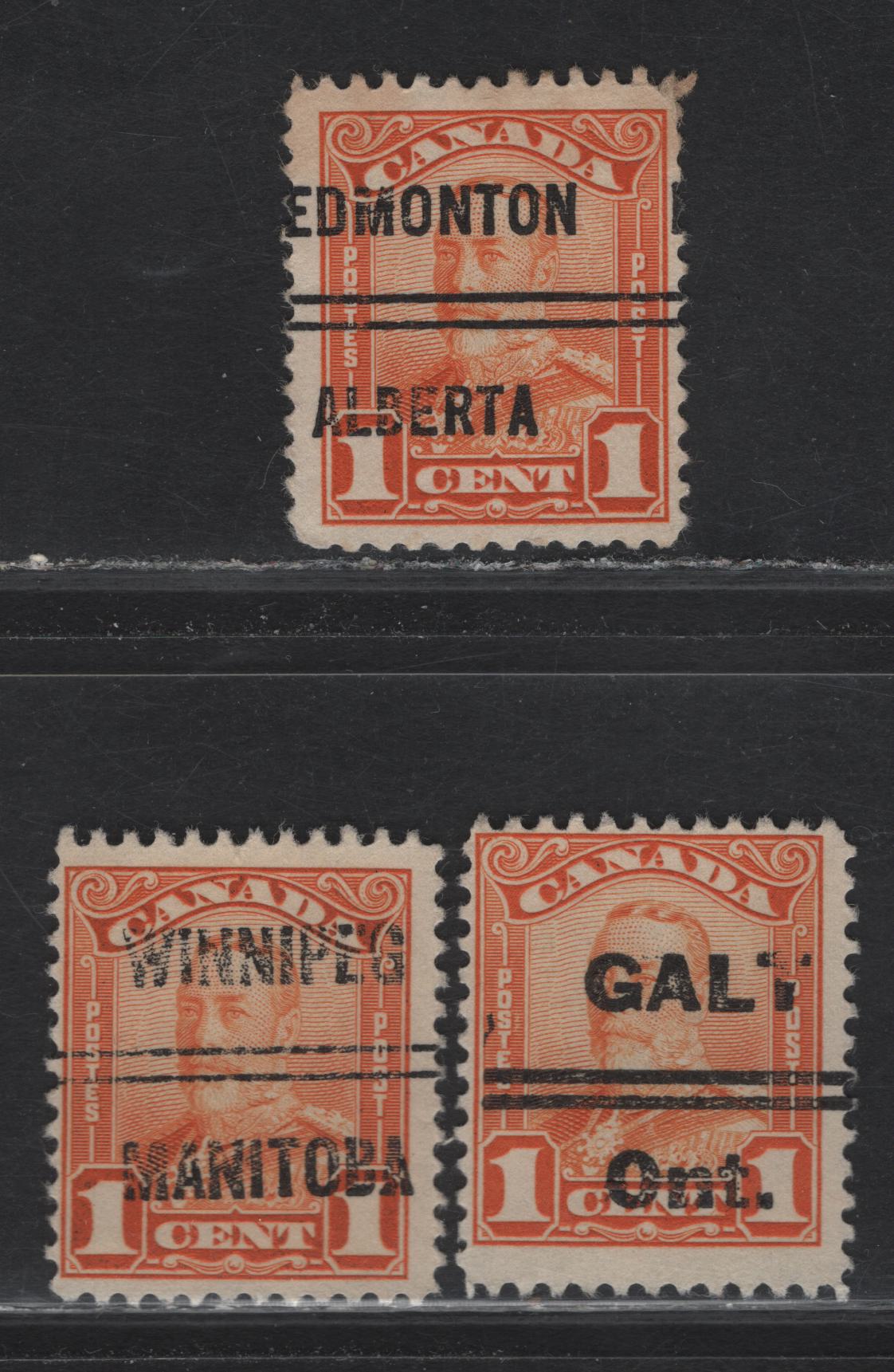 Lot 239 Canada #149xx 1c Orange King George V, 1928-1929 Scroll Issue, 3 Fine Used Singles, Various Papers, Different Town Precancels