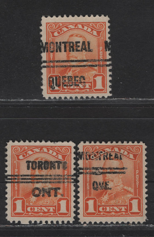 Lot 240 Canada #149xx 1c Orange King George V, 1928-1929 Scroll Issue, 3 Very Fine Used Singles, Showing Montreal Style 4, Style 7 & Toronto Style 12 Precancels