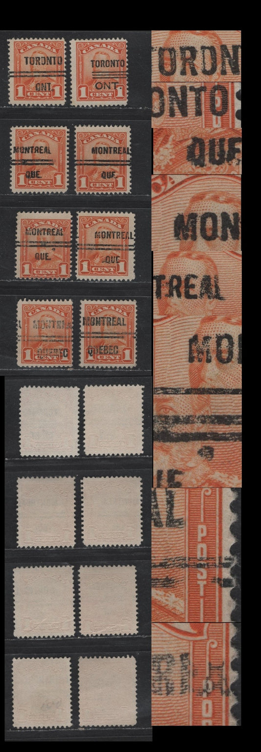 Lot 242 Canada #149xx 1c Orange King George V, 1928-1929 Scroll Issue, 8 Fine Used Singles, Montreal Style 4 & Toronto Styles 4 & 12 Precancels, All Showing Broken Bar, Letter Varieties & Broken Letters
