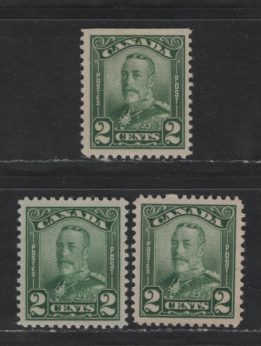 Lot 243 (C) Canada #150as 2c Green & Bright Green King George V, 1928-1929 Scroll Issue, 3 VFNH Booklet Singles, Papers ABN-M & ABN-CCCC