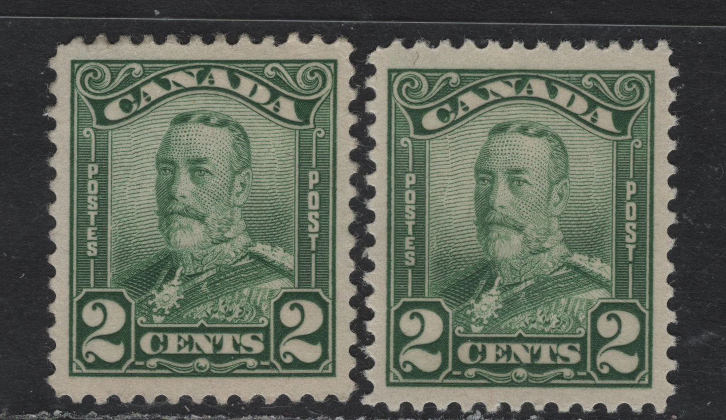 Canada #150 2c Green & Dull Green King George V, 1928-1929 Scroll Issue, 2 VFOG Singles, Paper ABN-M