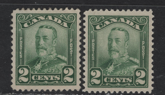 Lot 244 Canada #150 2c Green & Dull Green King George V, 1928-1929 Scroll Issue, 2 VFOG Singles, Paper ABN-M