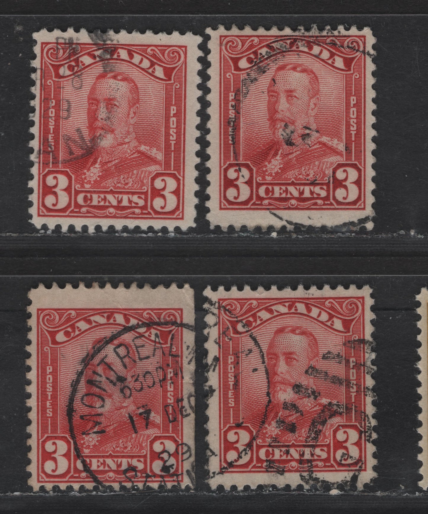 Lot 246 Canada #151 3c Deep Carmine Red King George V, 1928-1929 Scroll Issue, 2 Fine Used Singles, Papers ABN-GGGG & ABN-M